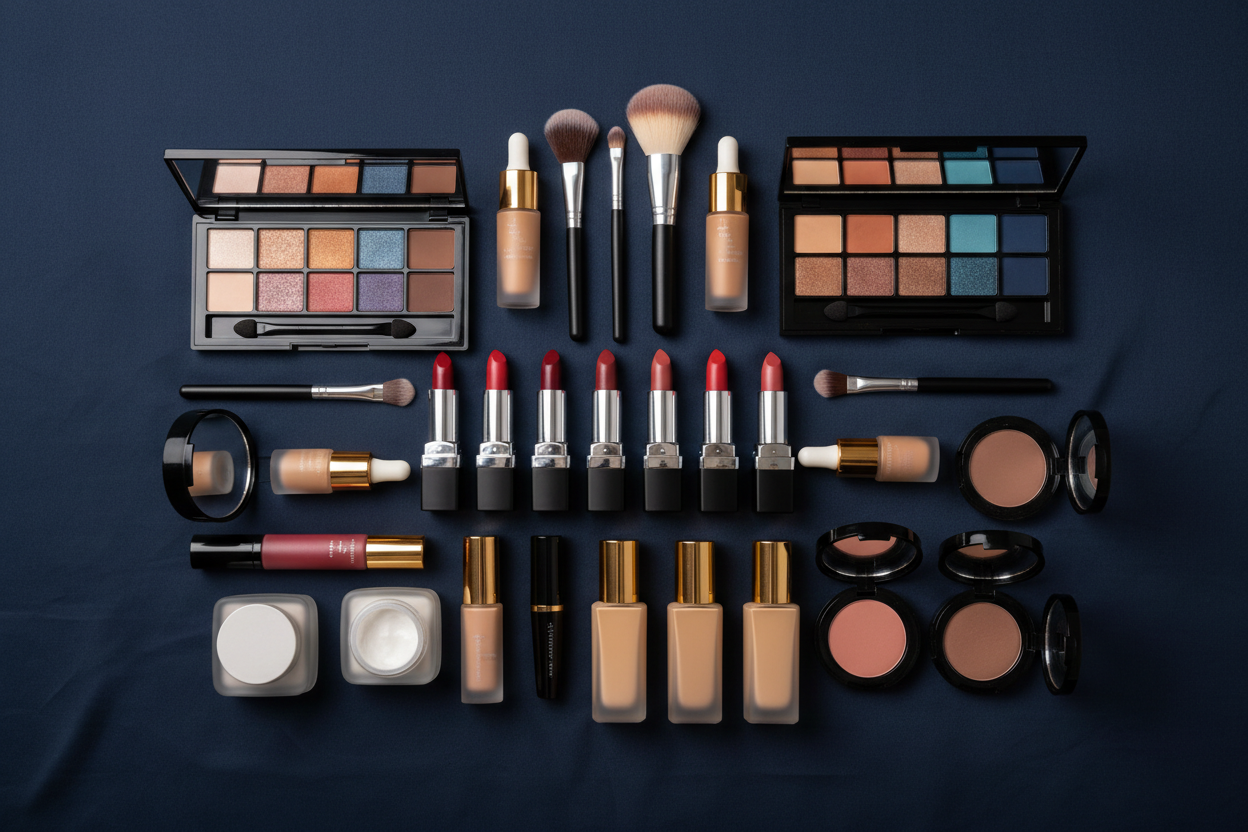 navy blue background with images of beauty essentials and products and makeup but do not put any names on the products