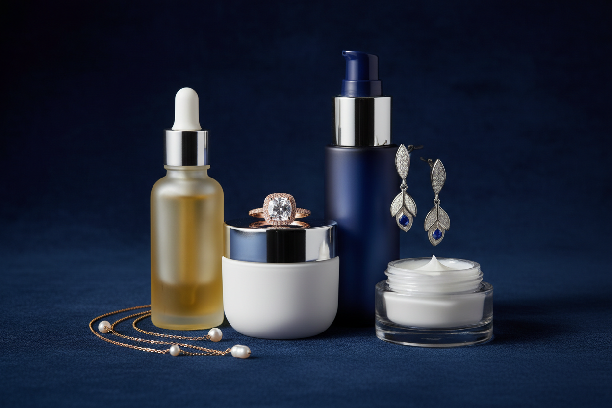 navy blue background with images of skincare products and jewelry but do not put any names on the products 